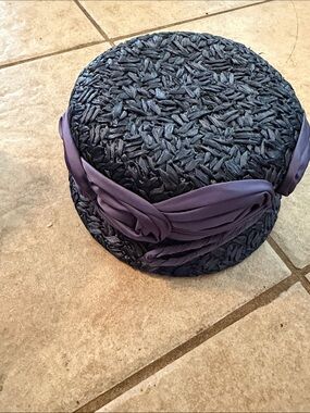 Vintage Lazarus Textured Black Straw Cloche Hat with Purple Band
